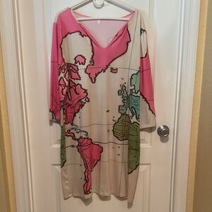 Map Print Dress with Pink and Green Accents